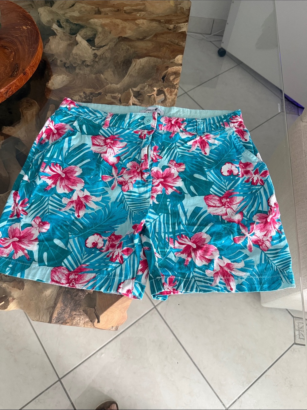 Caribbean Joe Teal Floral Women’s Shorts with Pink Flowers